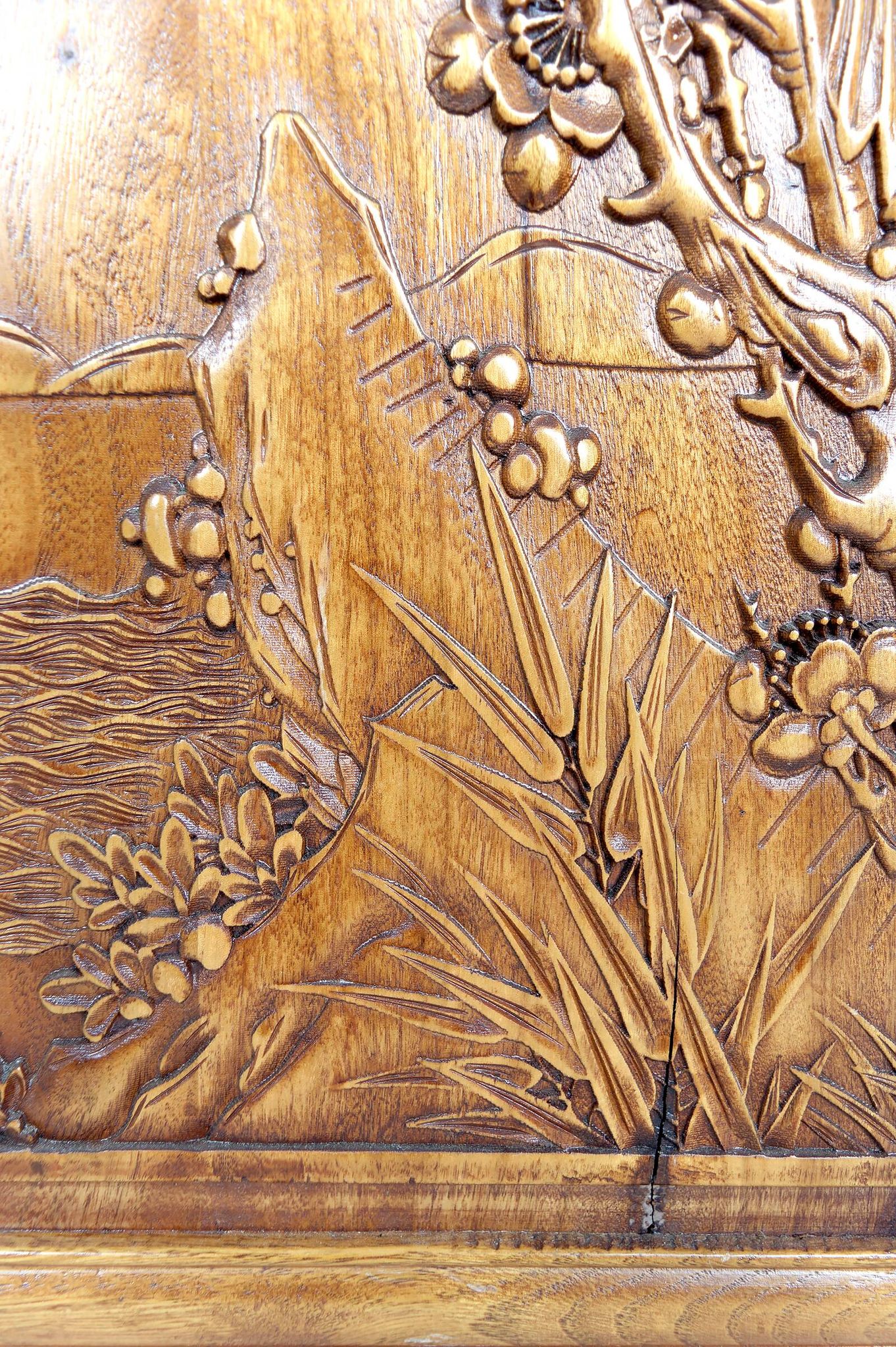 3 carved wooden panels, floral and animal decorations, Indochina