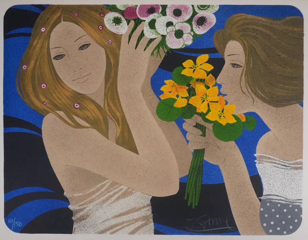 Yves Ganne: The Two Women with Bouquets, original signed lithograph