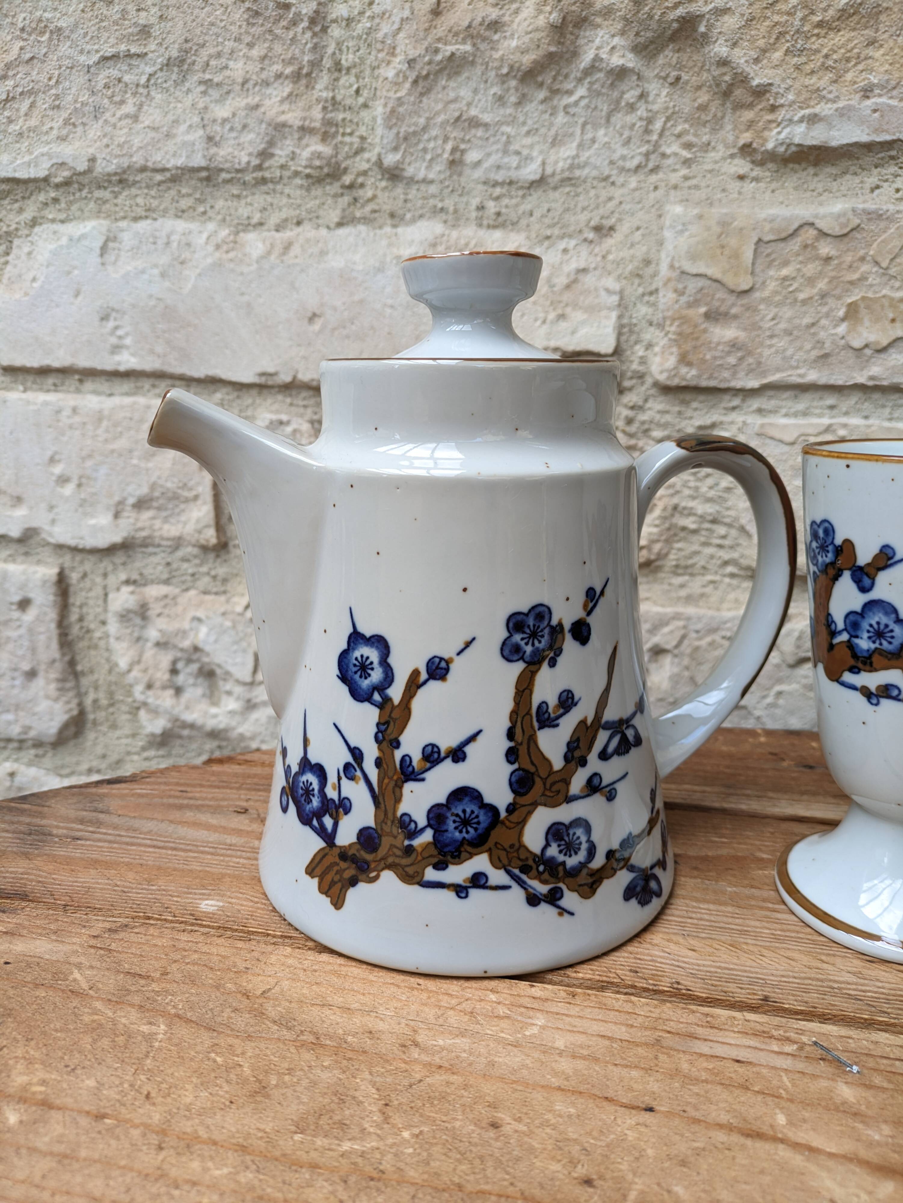 Old coffee service with 6 mazagrans and coffee pot with blue floral decoration