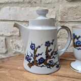 Old coffee service with 6 mazagrans and coffee pot with blue floral decoration