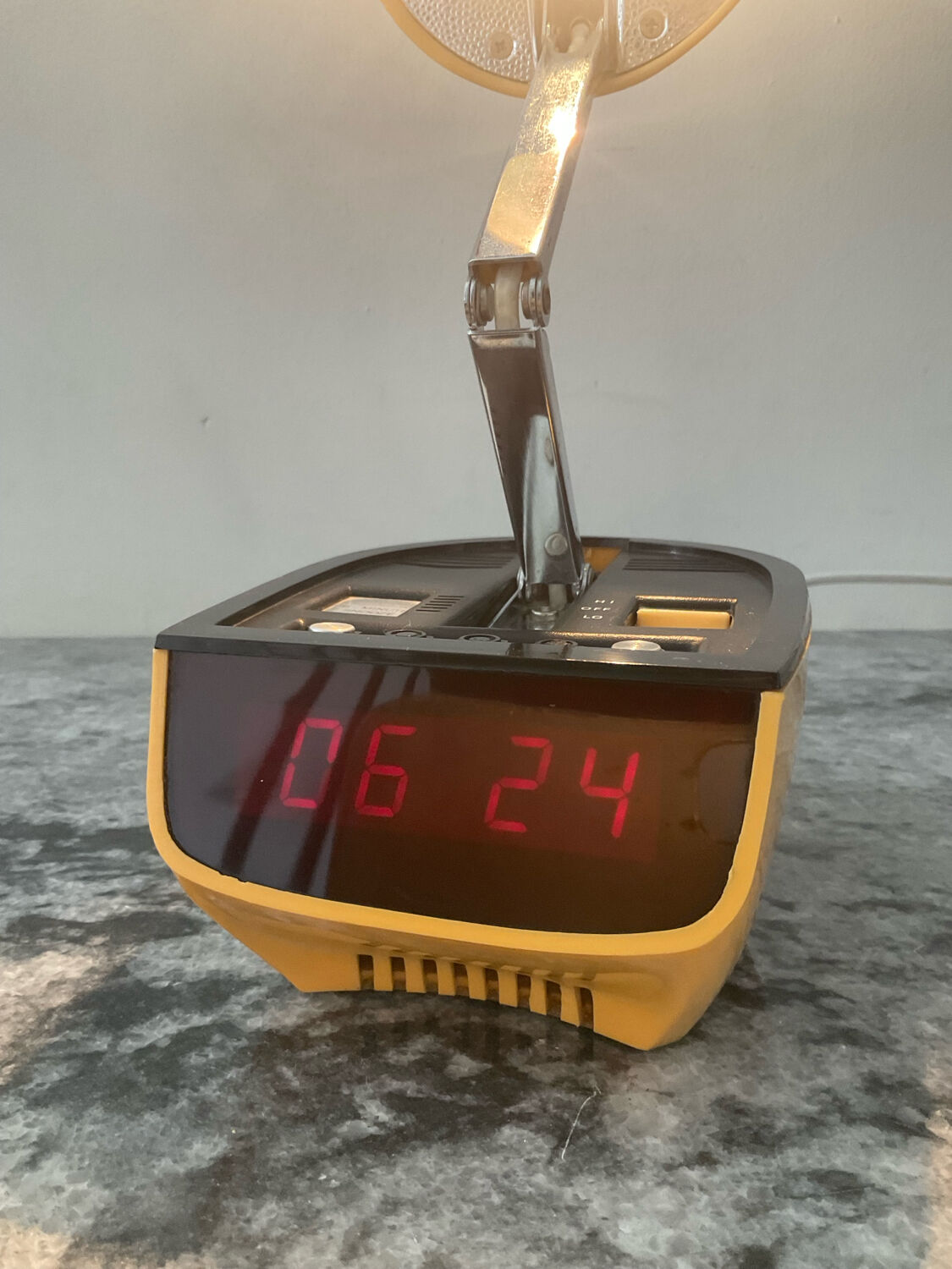 Timco articulated desk lamp with alarm clock from the 1970s.