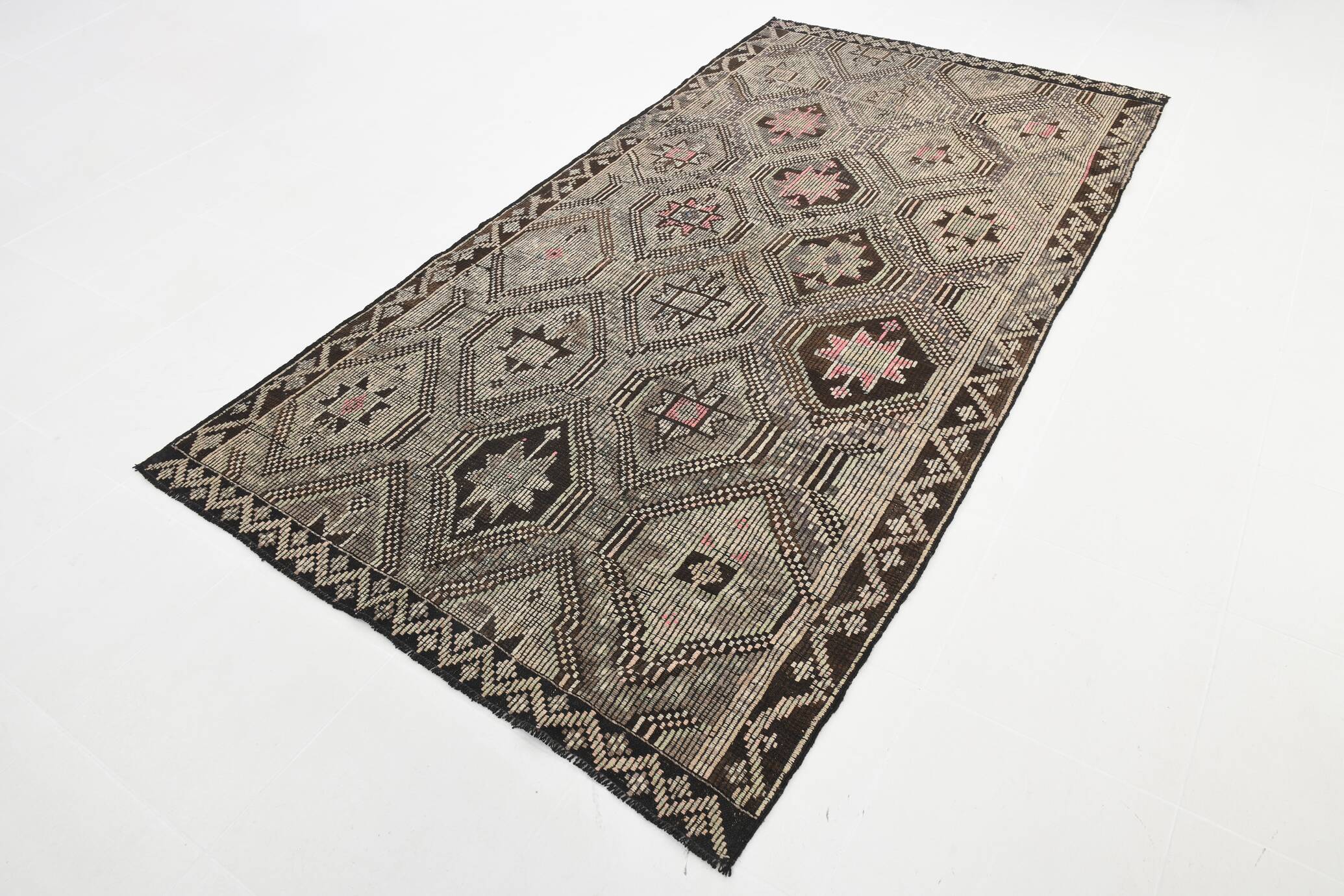 5x9 Cream Brown Handmade Kilim Rug, 151x286Cm