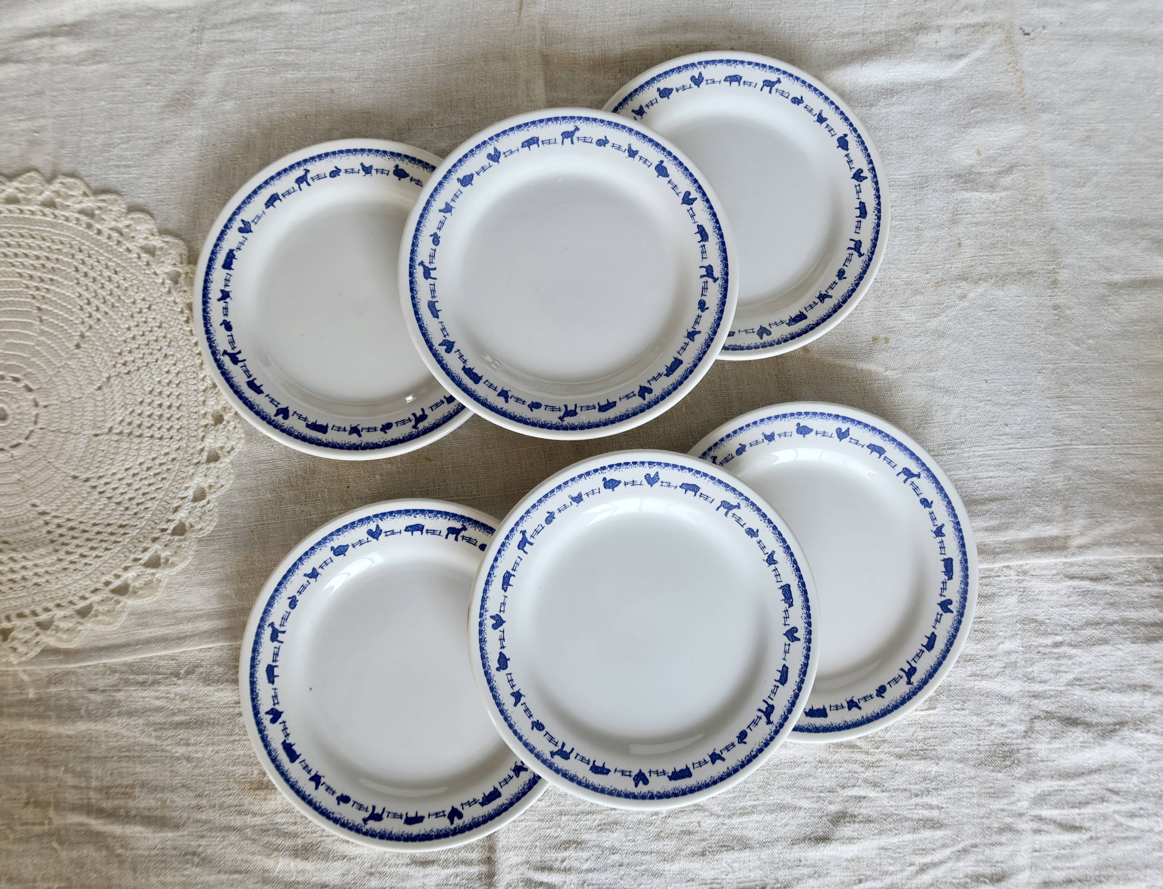 6 vintage white and blue earthenware dessert plates