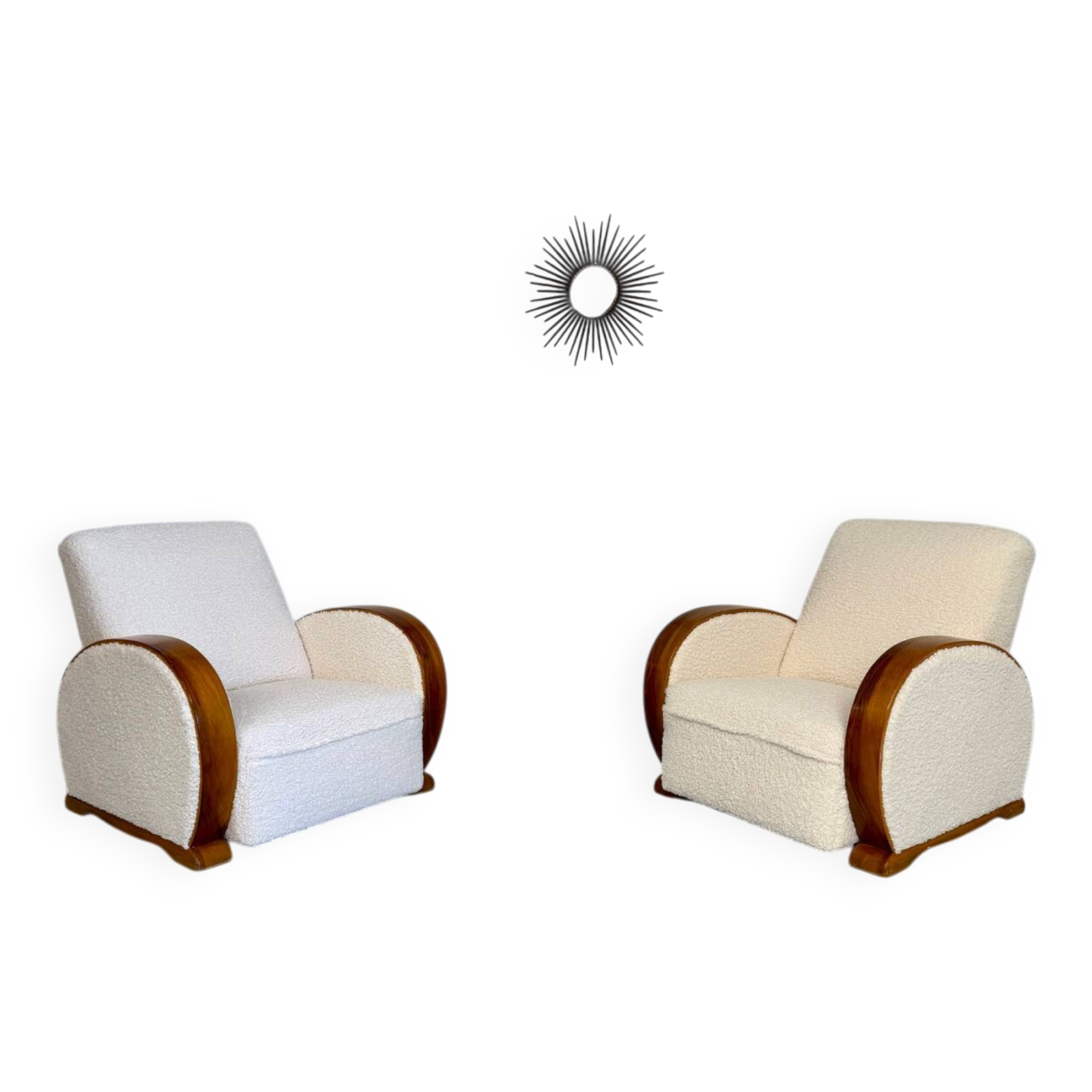 2 antique Art Deco club chairs from the 1930s, bentwood frame, bouclé fabric