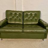 Vintage retro Danish 2 person olive green buttoned leather sofa 1970s
