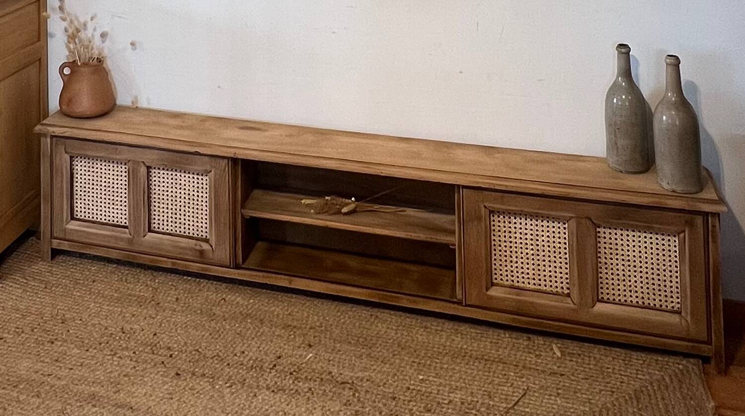 TV cabinet in raw oak and cane - sliding doors