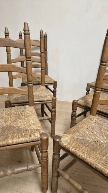 Set of 6 vintage wooden ladder-back dining chairs with woven seats
