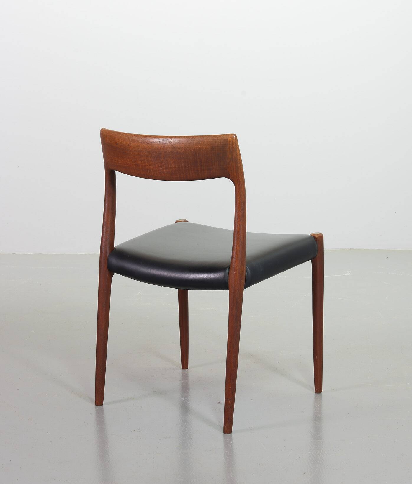 Niels Otto Moller Teak Wooden with Black Leather Dining Chairs, Model 77