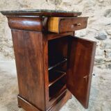 Antique Louis-Philippe style bedside table with walnut veneer and marble top
