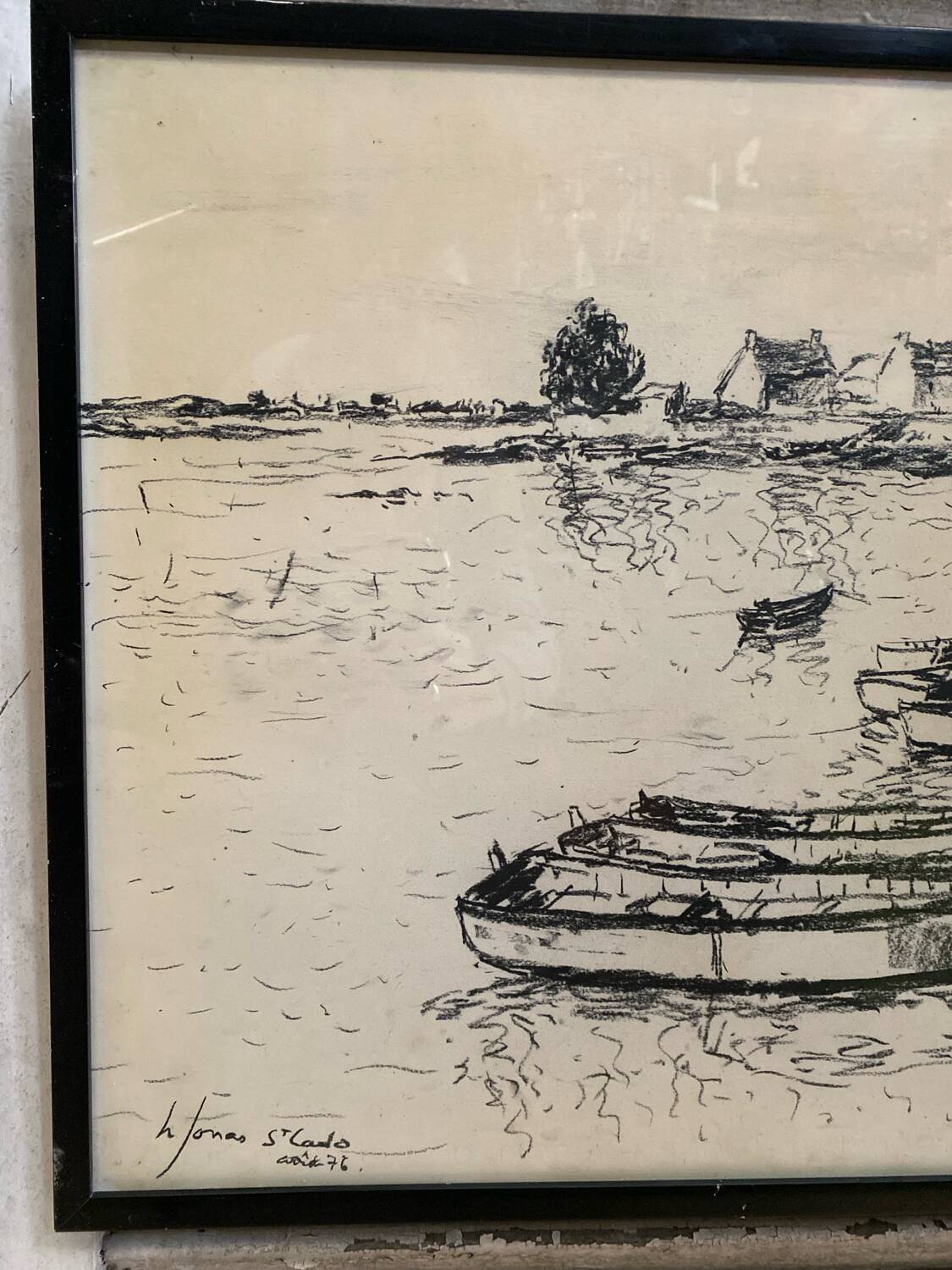 Old charcoal lithograph h. jonas st carlo august 76 + black wood frame