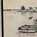Ancienne lithographie fusain h. jonas st carlo août 76 + cadre bois noir