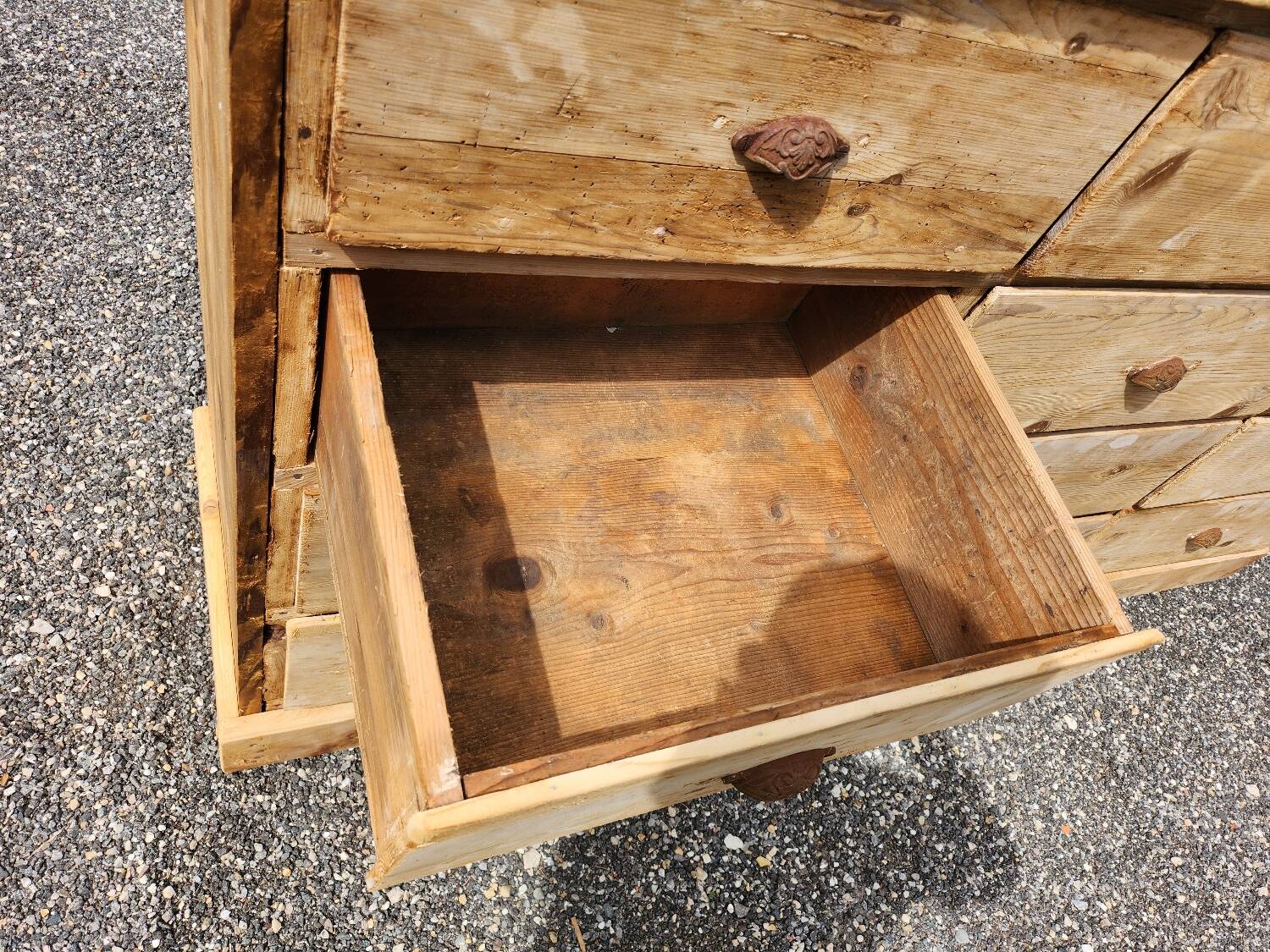 Antique fir wood workshop cabinet with drawers