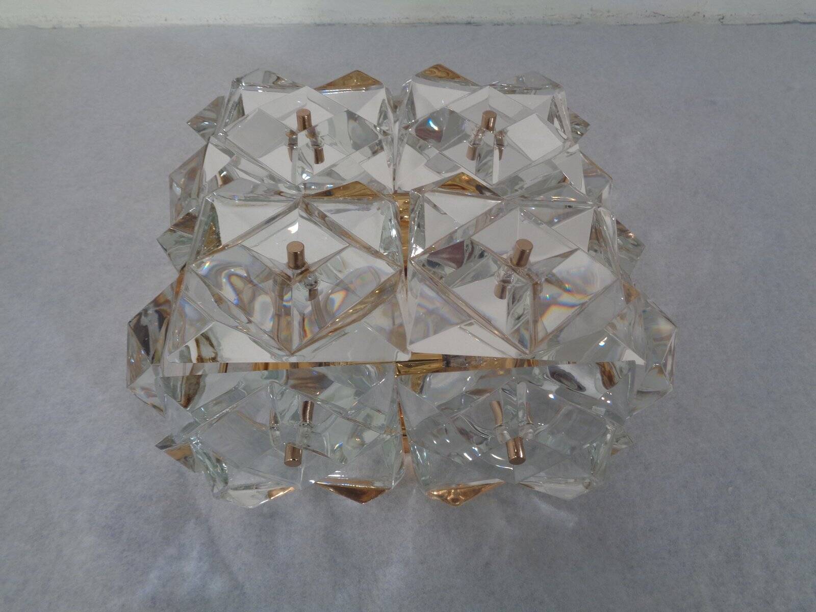 Gold-Plated & Crystal Glass Flush Mount Light from Kinkeldey, 1970s