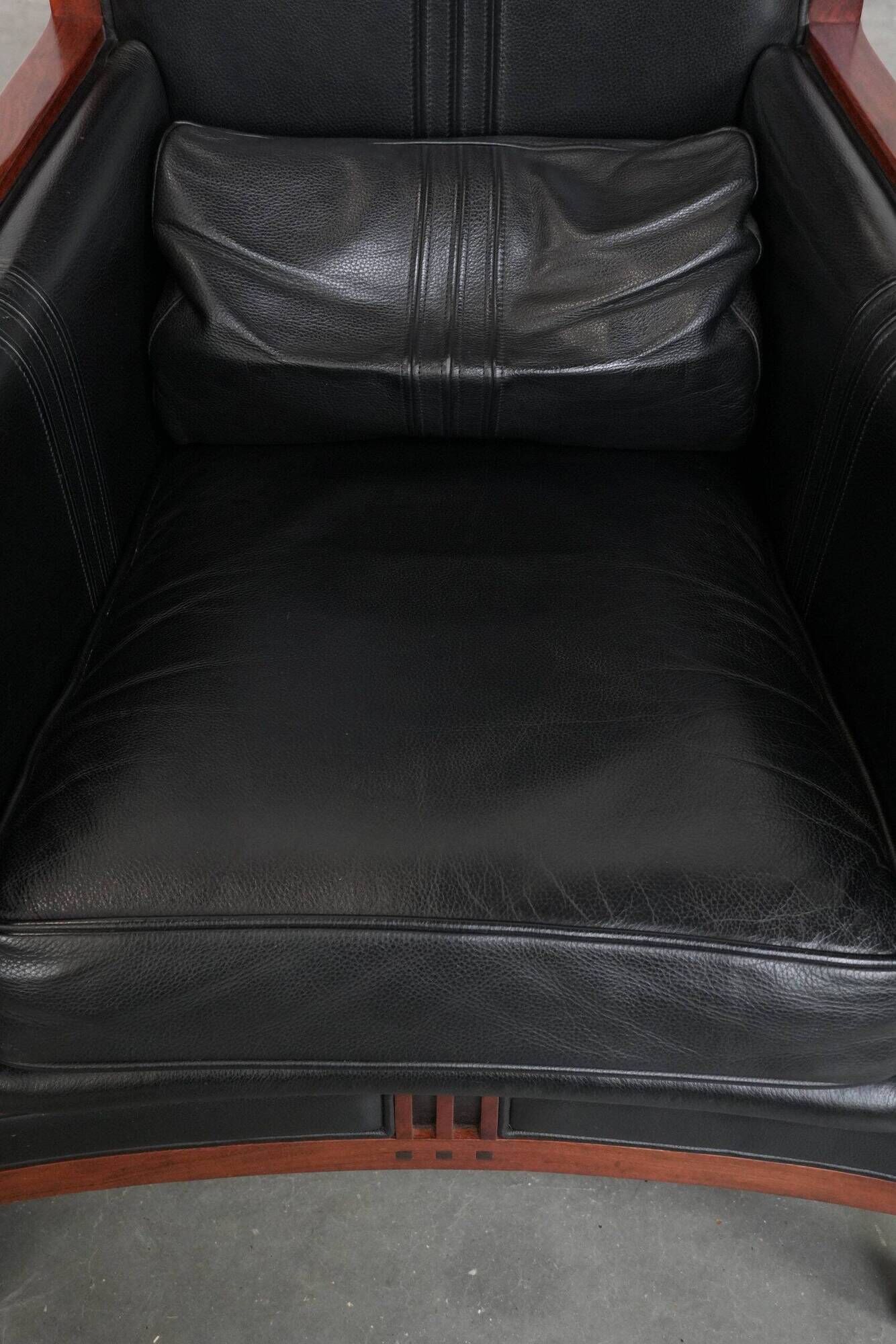 Beautiful set of 2 black cow leather Art Deco design armchairs with high back