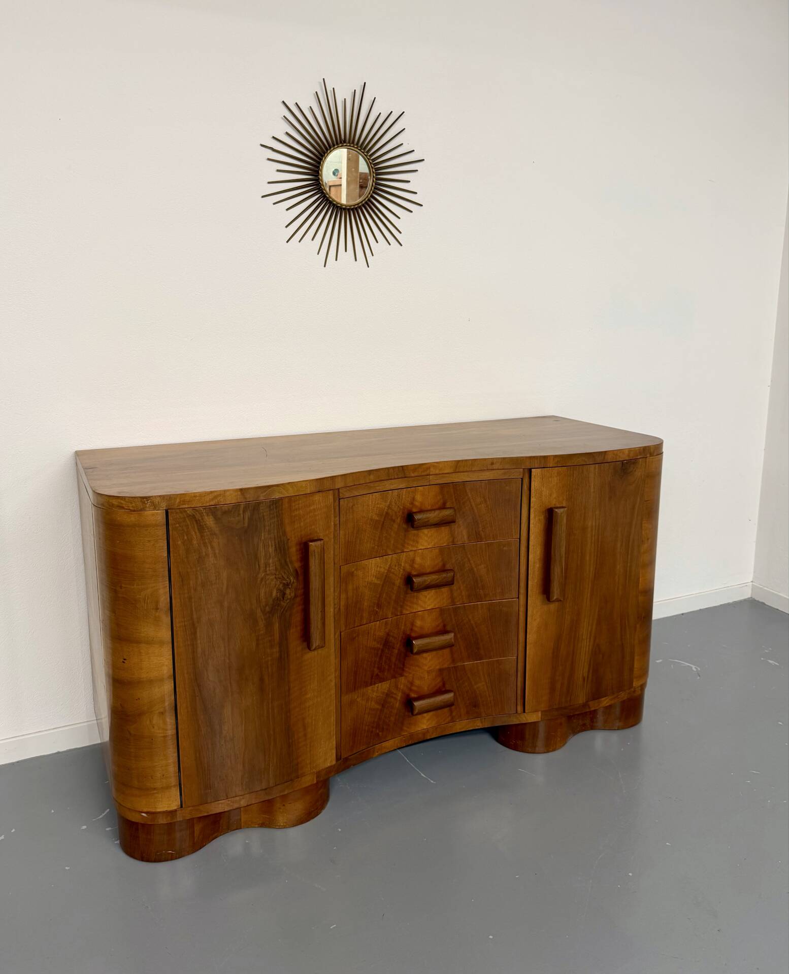 Antique walnut sideboard in Art Deco style from the 1930s.