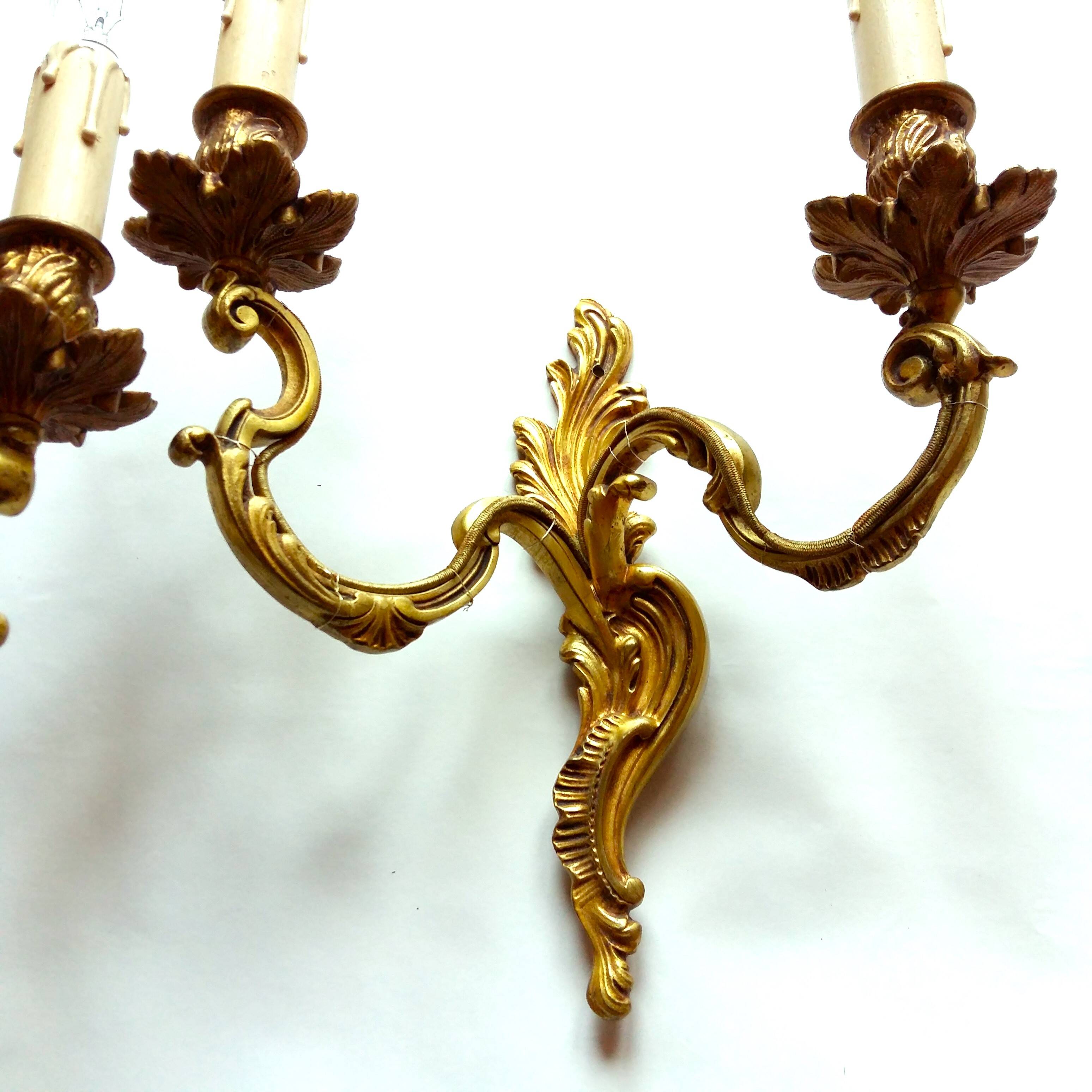 Pair of Heavy, French, Gold Bronze 2 Arm Wall Lights. Ornate Rococo/ Baroque/ Louis XV Style Sconces