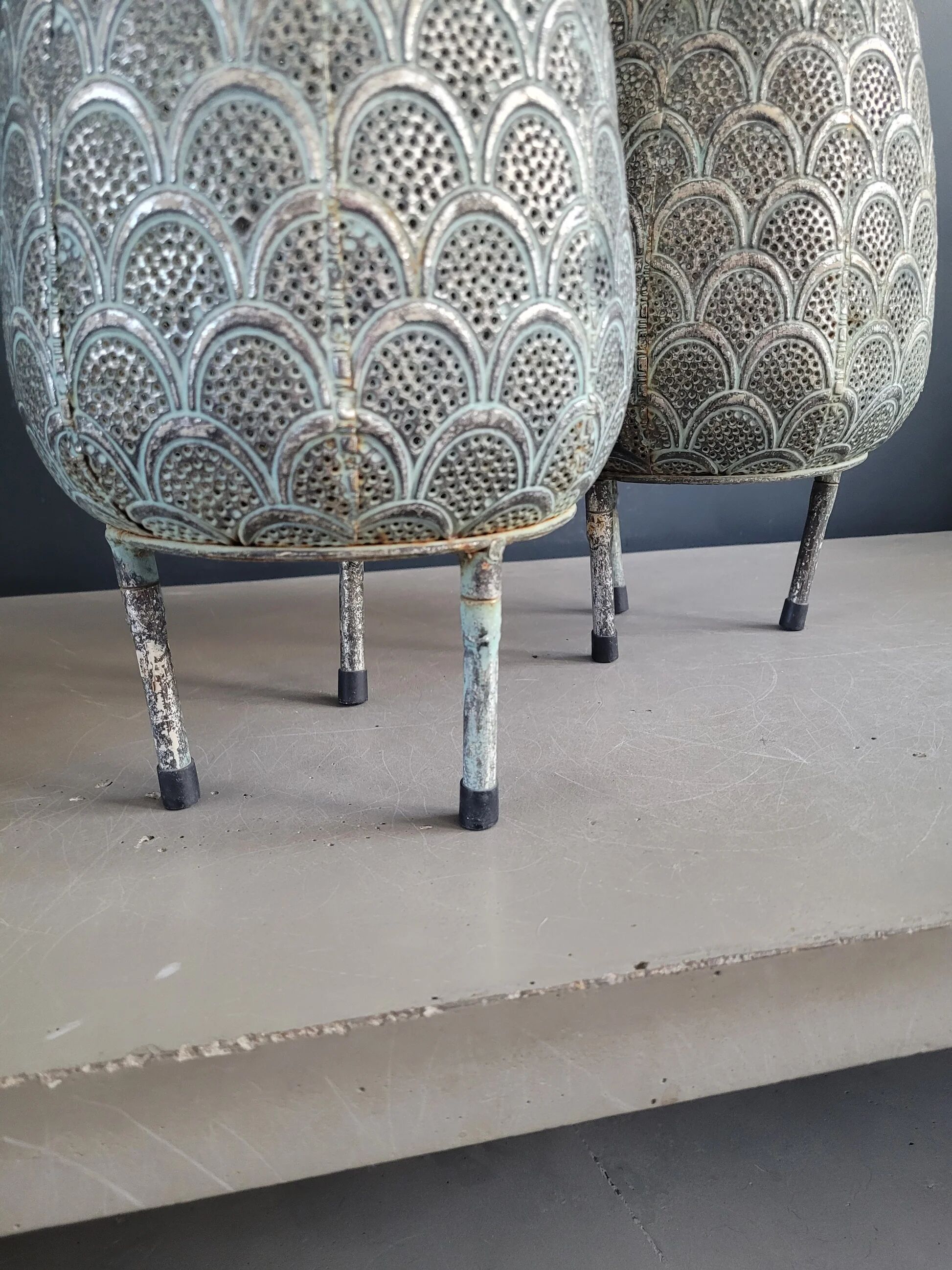 Pair of openwork metal lanterns