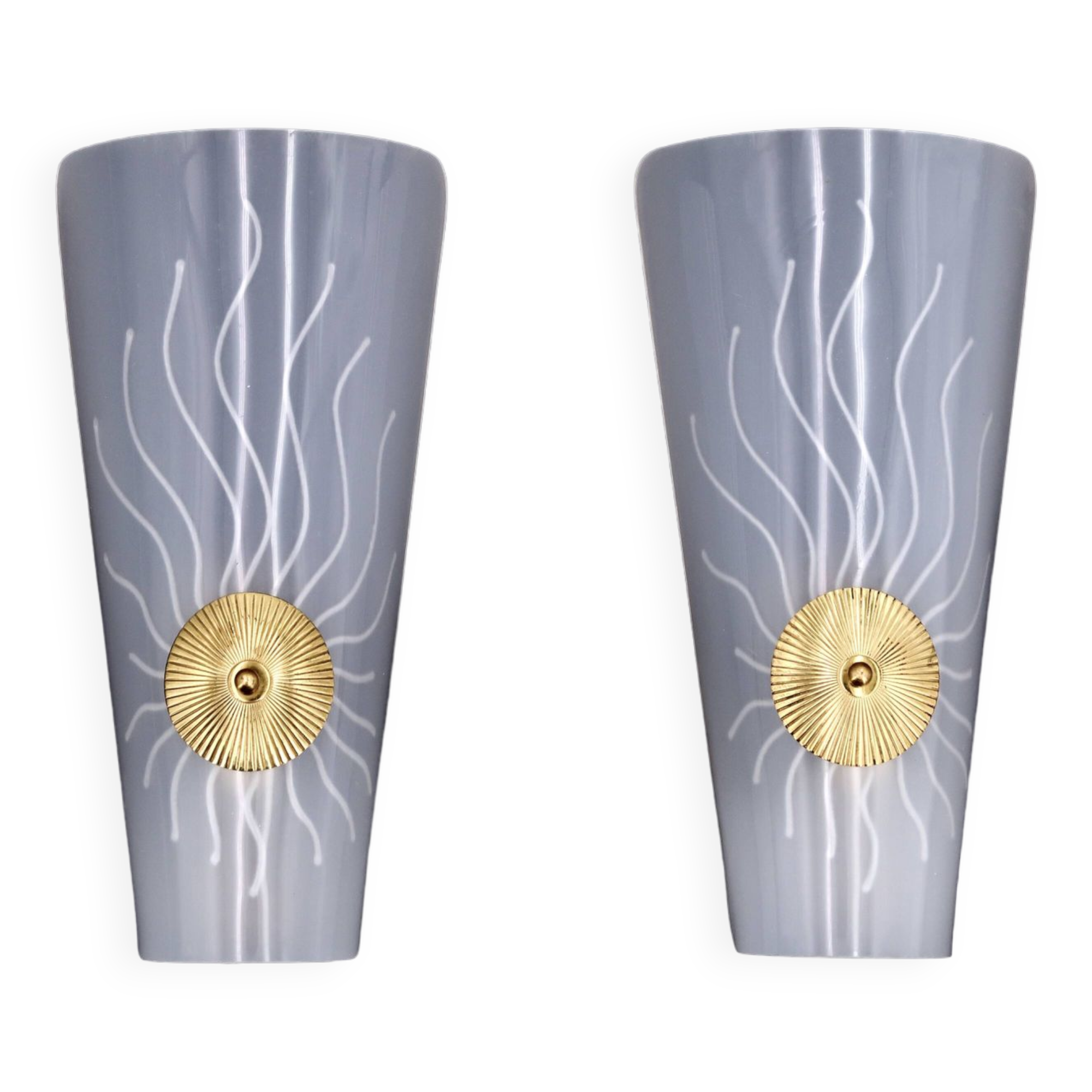 Pair of white and gold wall lights, sun decor, 1950s