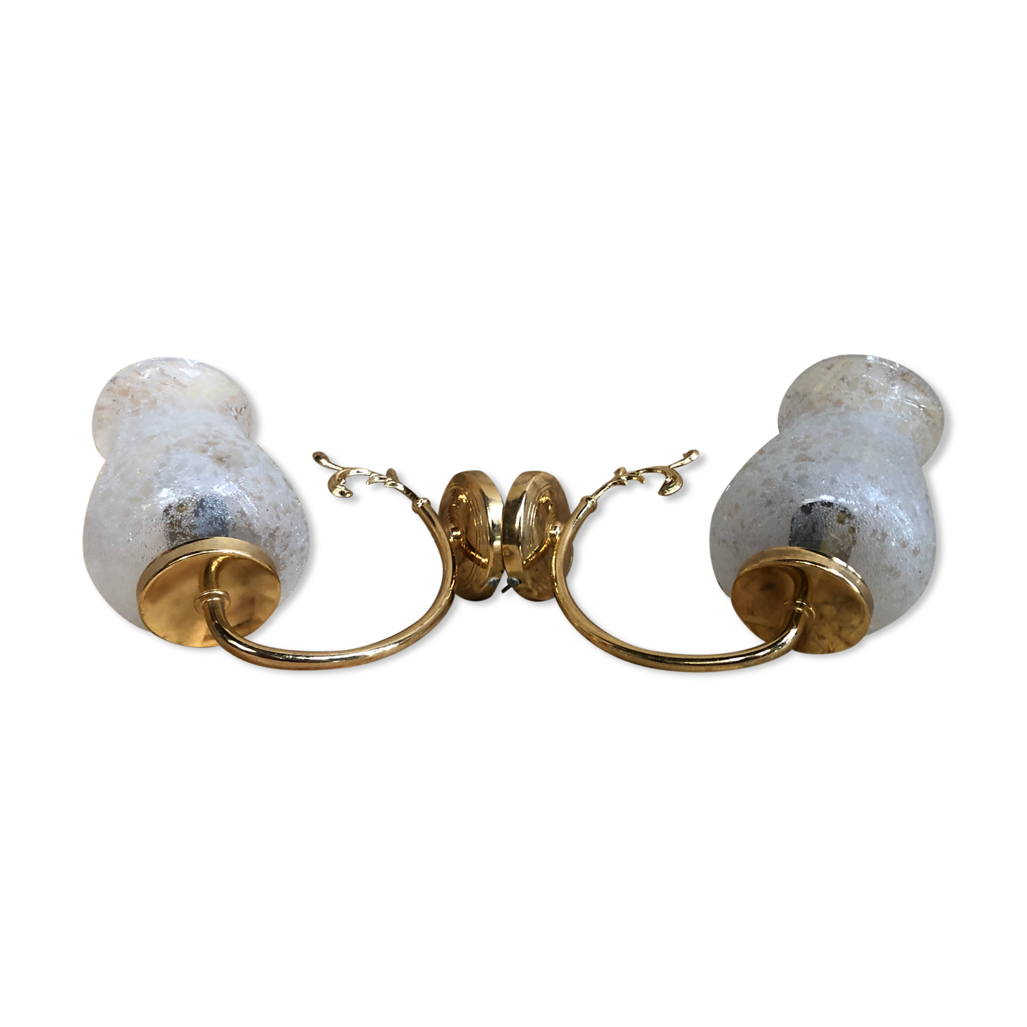 Old Pair Wall Lamp Golden Metal + Reflector Molded Glass 70s Vintage