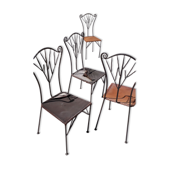 Set of 4 wrought iron chairs with leather seats