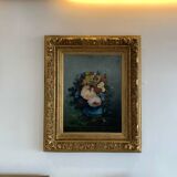 Tableau Ancien Fleur Cadre Doré XIX Huile Toile