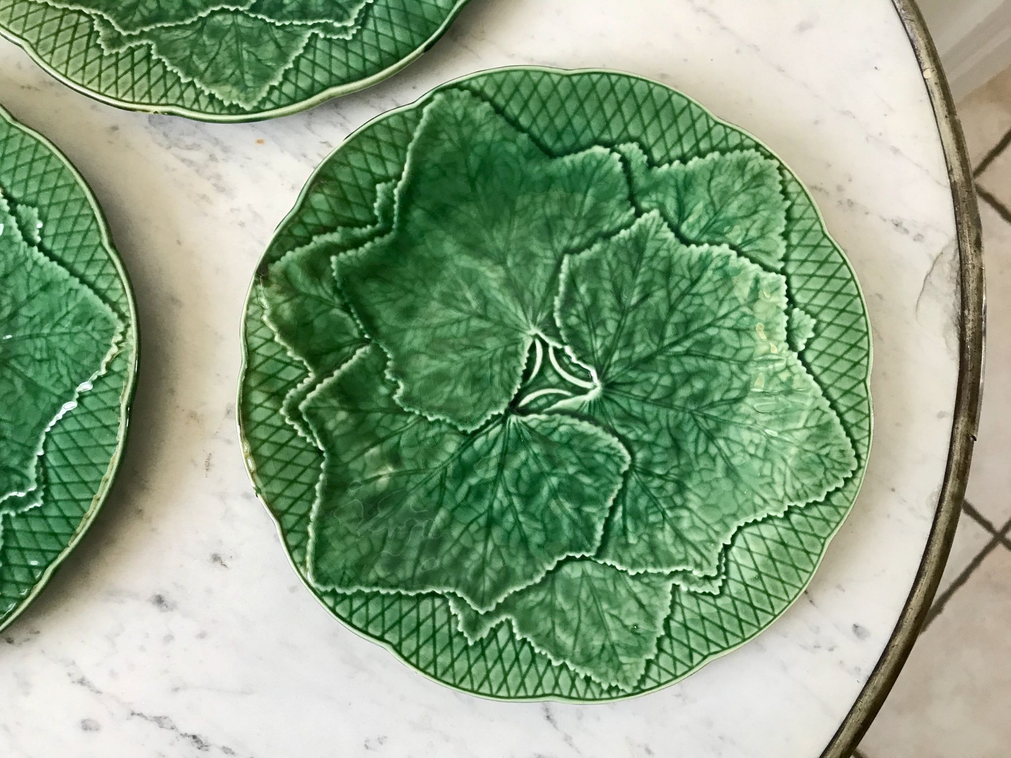 Trio of dessert plates gien model leaves in slip 50s