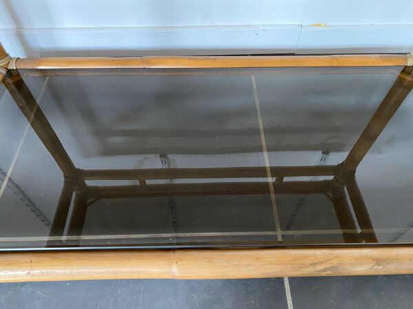 Meuble rangement télé en rotin et verre vintage 1950