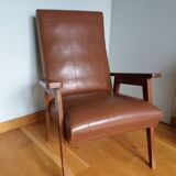 Scandinavian armchair in brown leatherette and wood