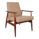 Fauteuil vintage en bois et similicuir beige