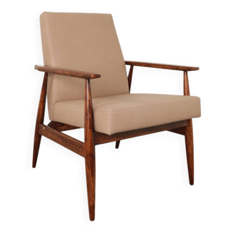 Fauteuil vintage en bois et similicuir beige
