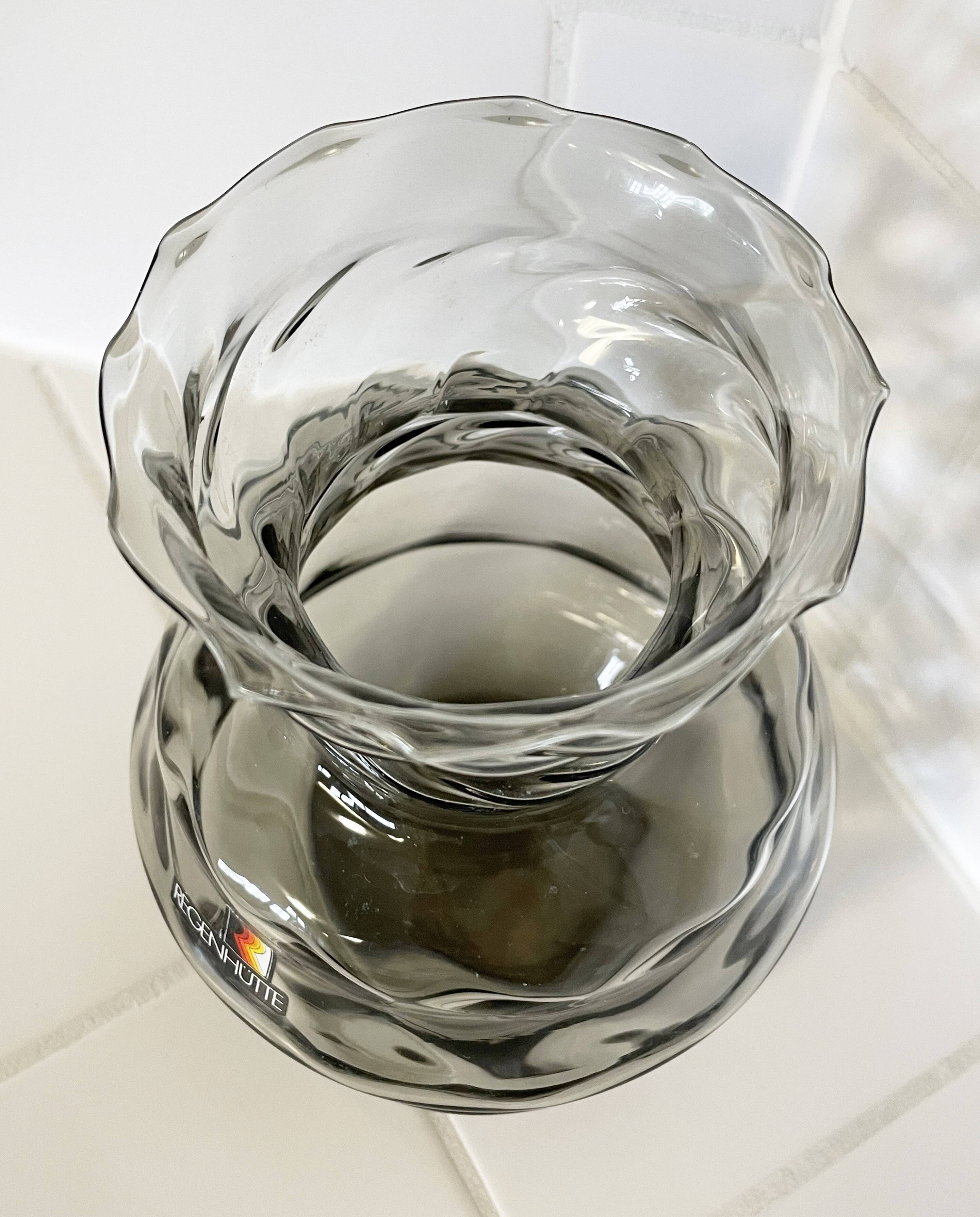 Smoky Gray Regenhütte Vase with Swirled Ribbing, German Handblown Glass