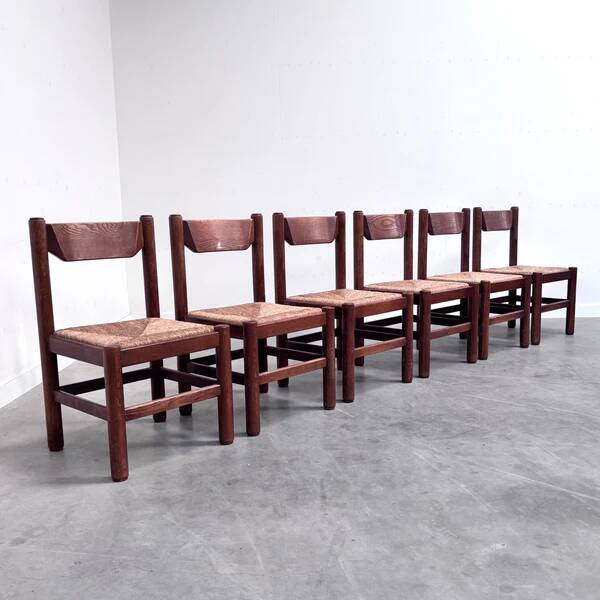 Oak and wicker dining chairs, 1960s