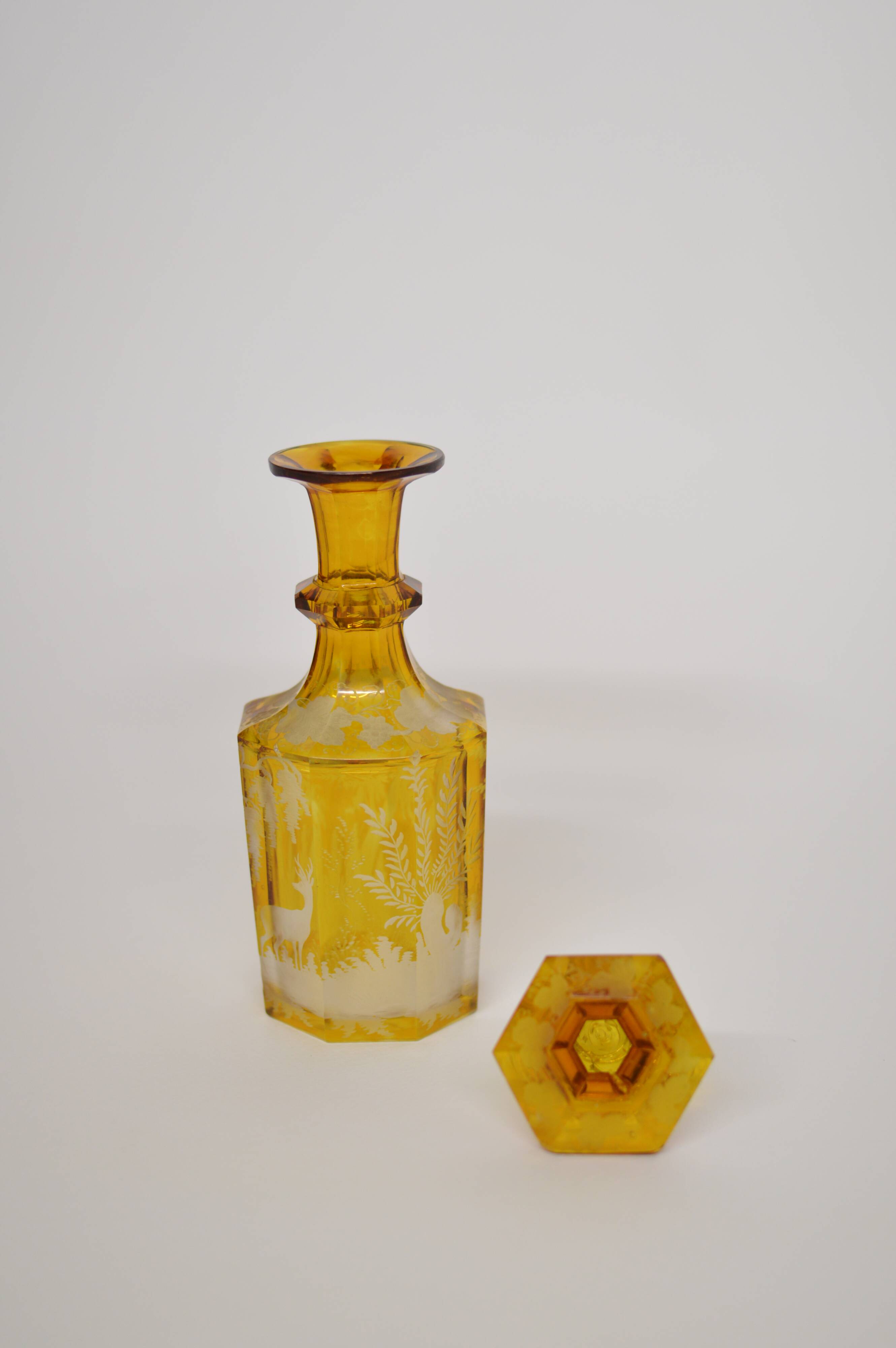 Bohemian glass carafe engraved amber colour
