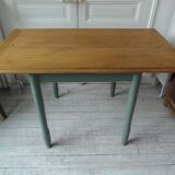 Table, vintage desk with smoked green base and waxed finish, oak top.