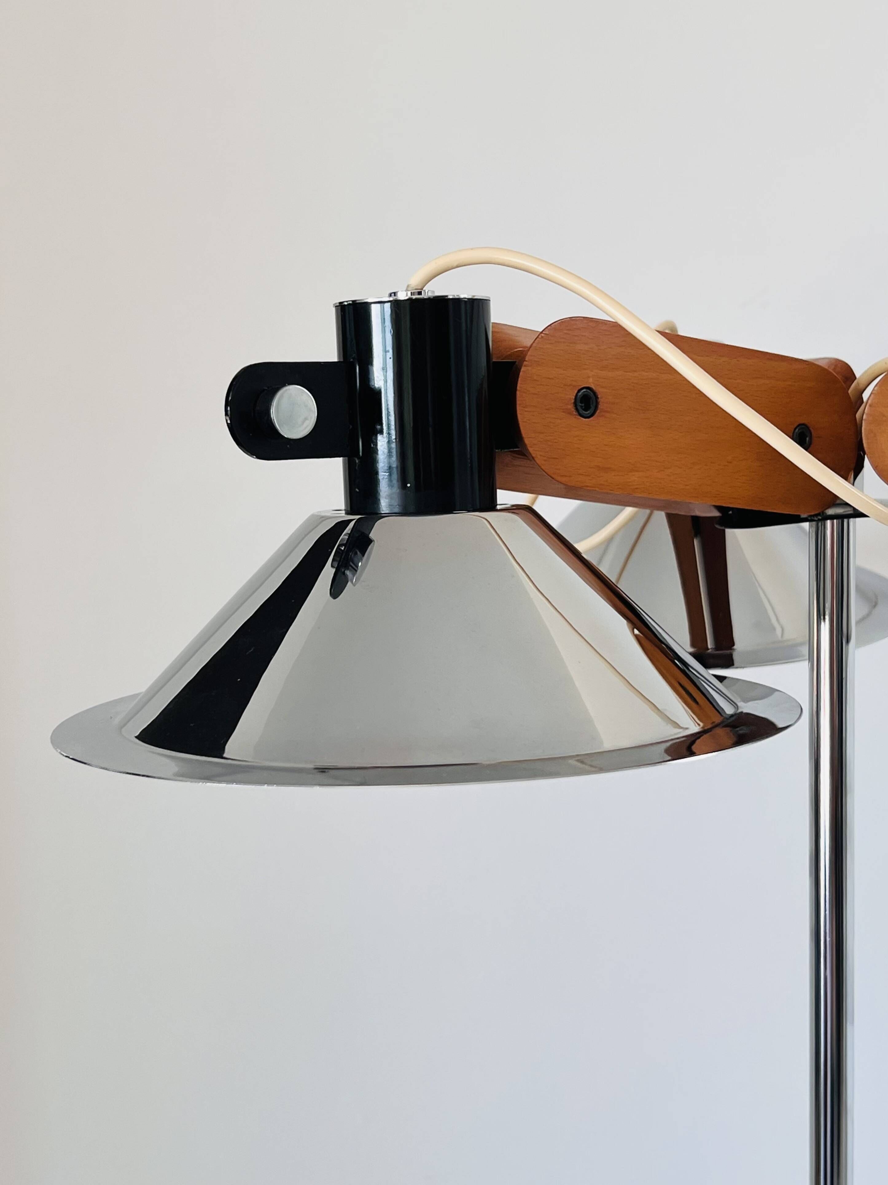 Three-light floor lamp in wood and chrome metal, Spain 1970s.