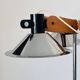 Three-light floor lamp in wood and chrome metal, Spain 1970s.
