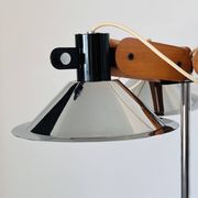 Three-light floor lamp in wood and chrome metal, Spain 1970s.