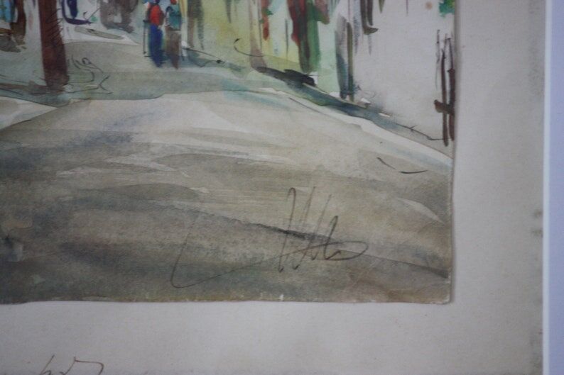 Watercolor by Alfred Doll representing "a street of Riquewihr" - 30 x 37cm