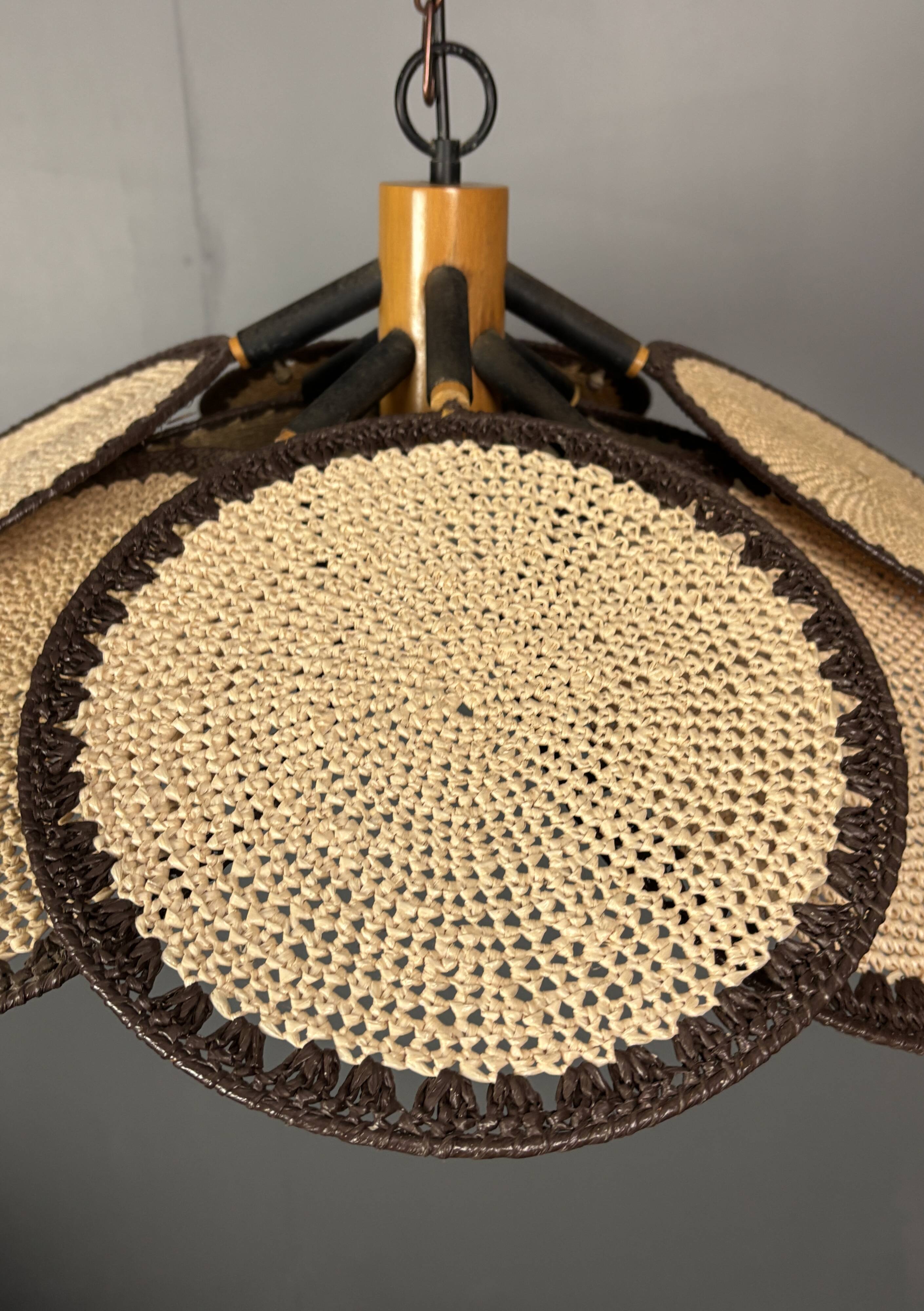 Midcentury uchiwa fan macrame fiber rattan hanging pendant lamp, 1970s