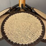 Midcentury uchiwa fan macrame fiber rattan hanging pendant lamp, 1970s