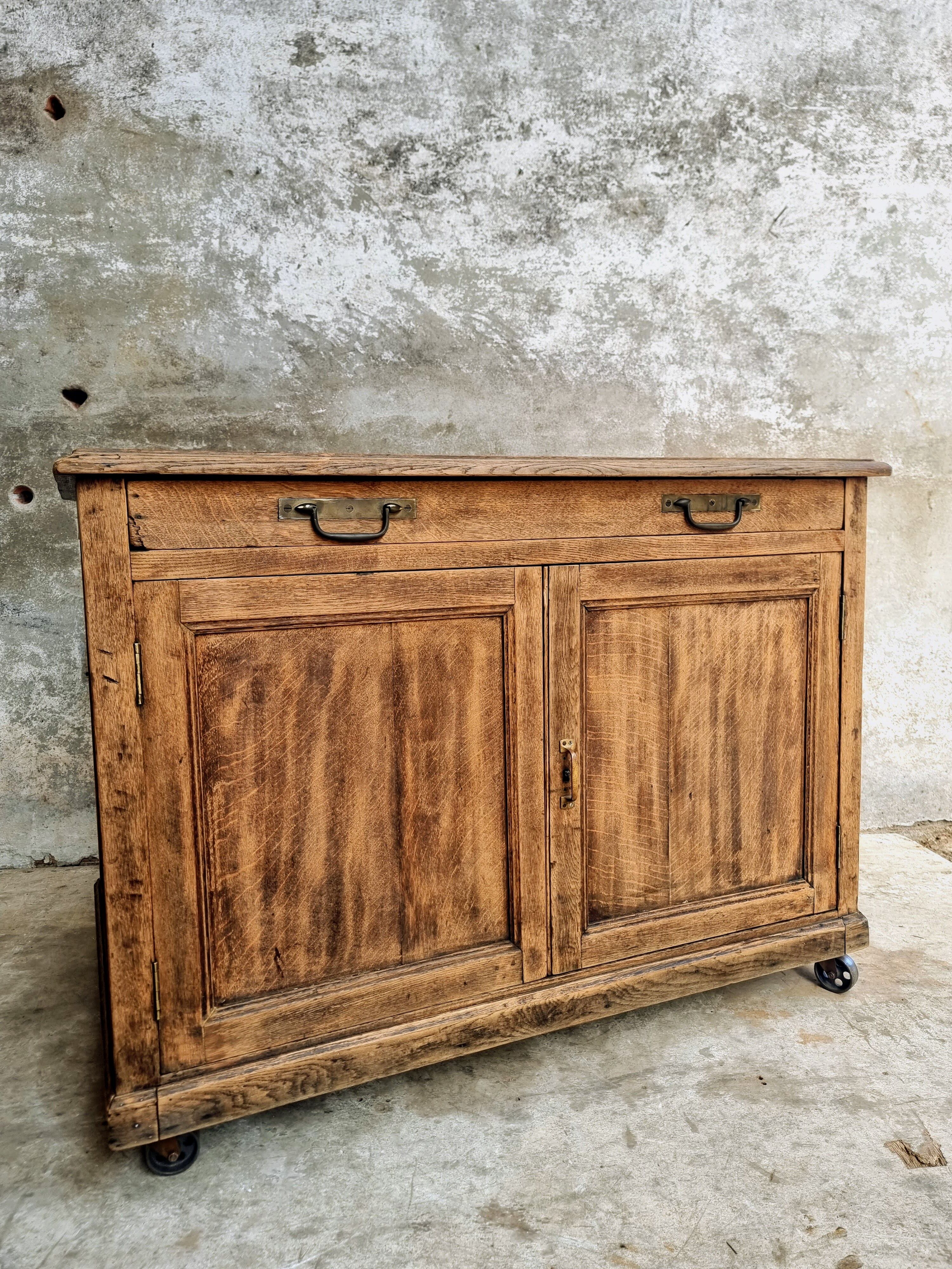 Old cabinet, workbench, kitchen island counter on casters