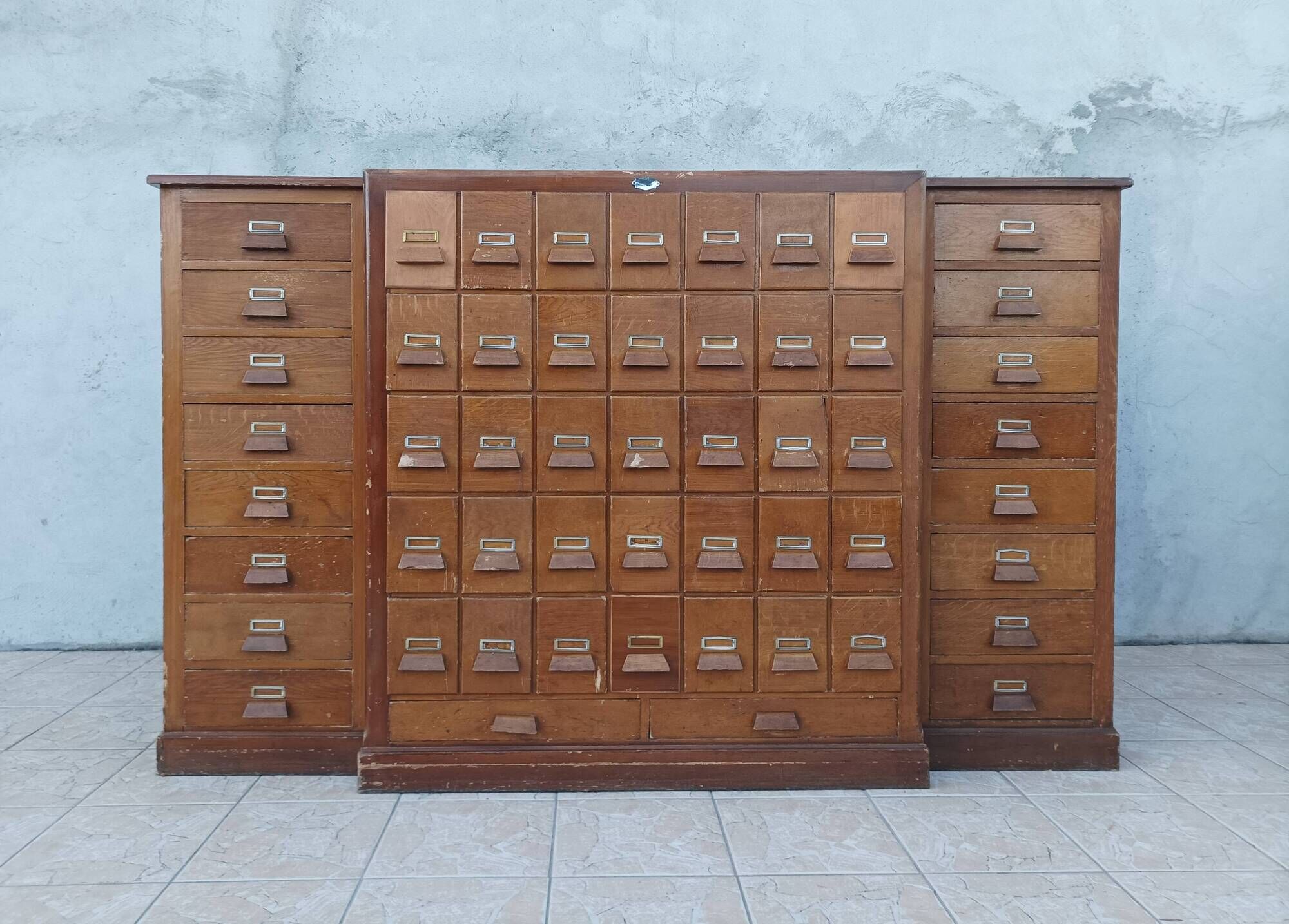 Apothecary or trade cabinet in fir with 53 drawers.