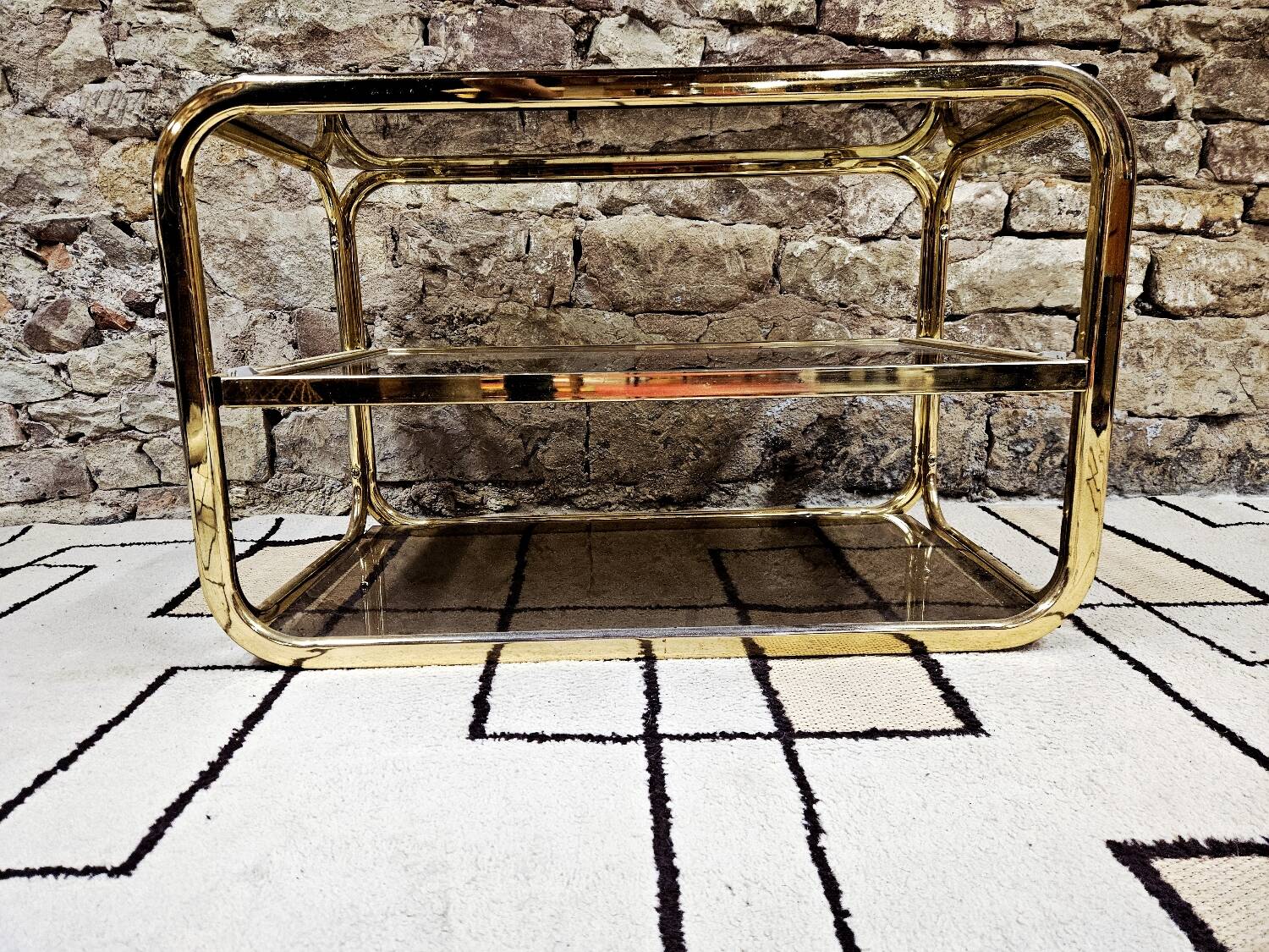 Brass coffee table with sliding top and smoked glass, 1970s vintage