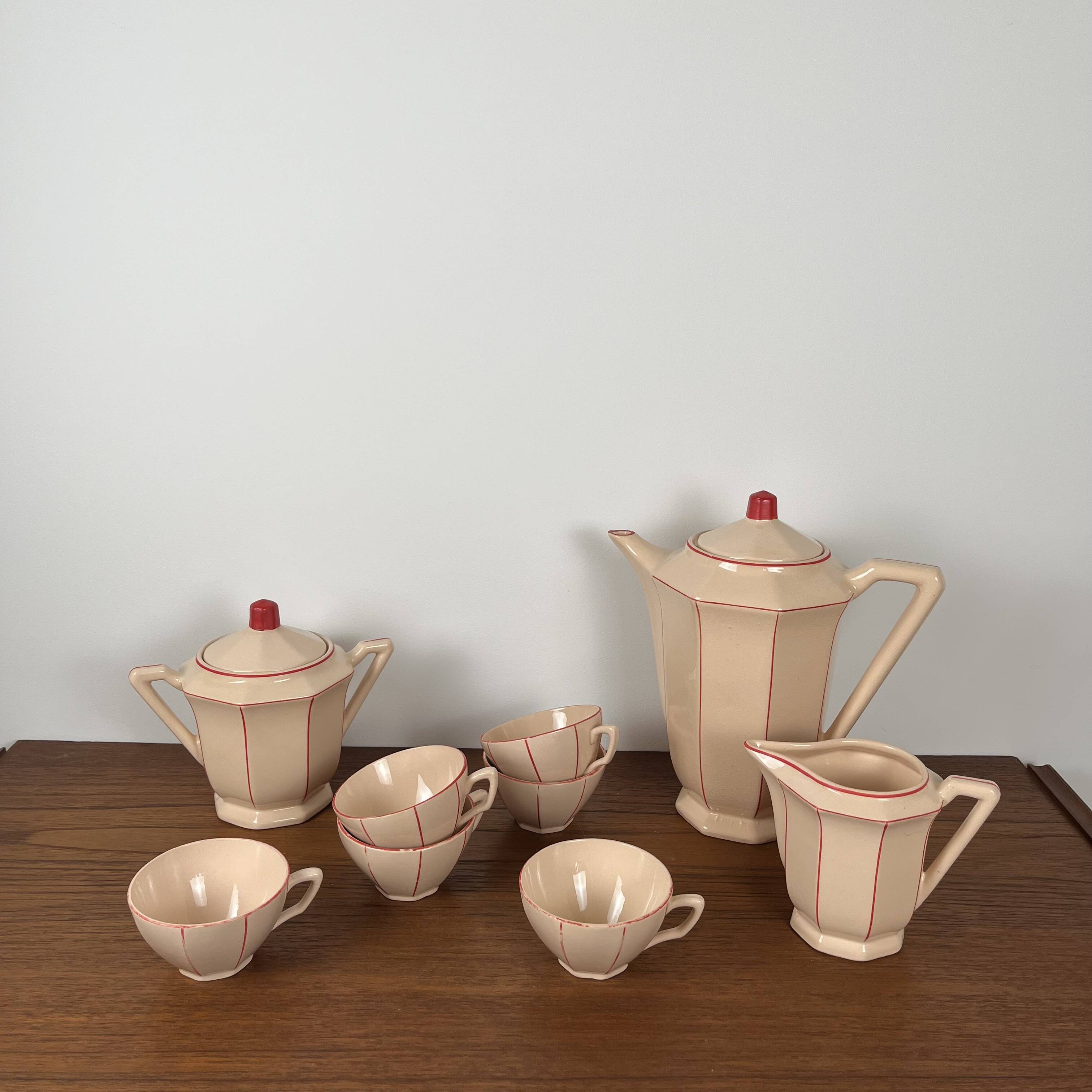 Digoin-Sarrguemines Art Deco pink and red coffee/tea set