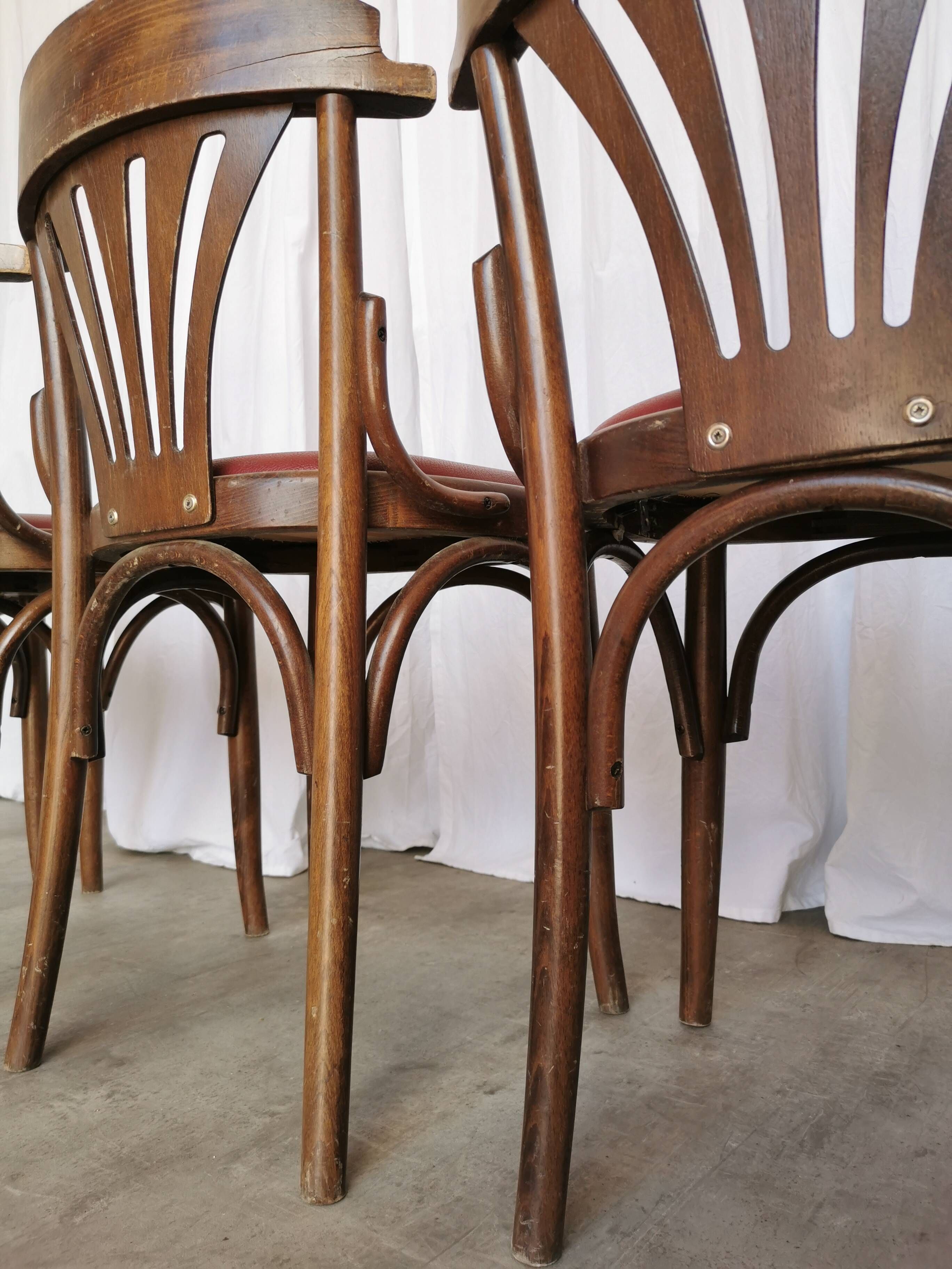 Vintage Bentwood Dining Chairs - Thonet Style - Red Faux Leather - Set of 4