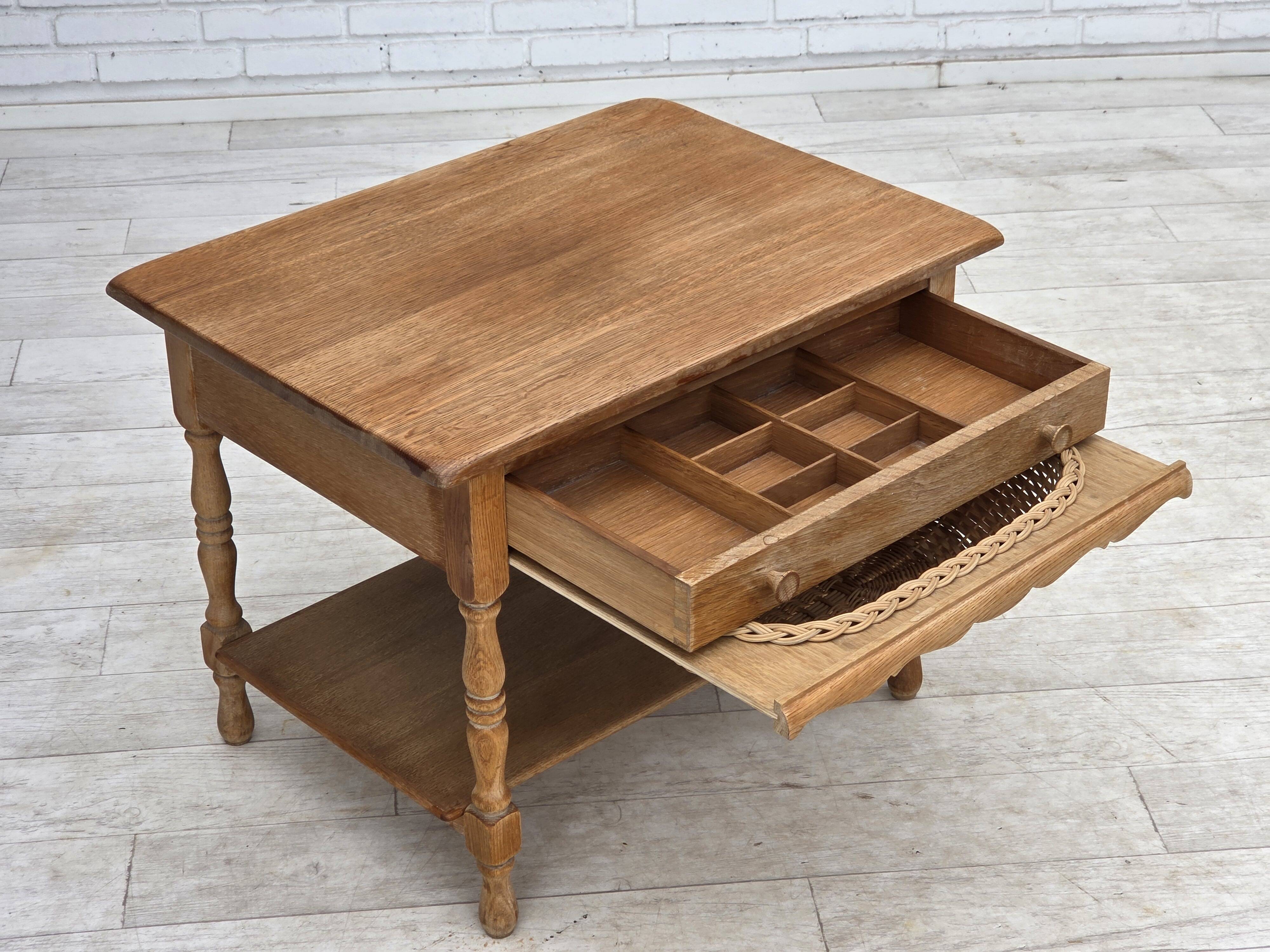 1970s, Scandinavian side table with drawers, solid oak wood, rattan.