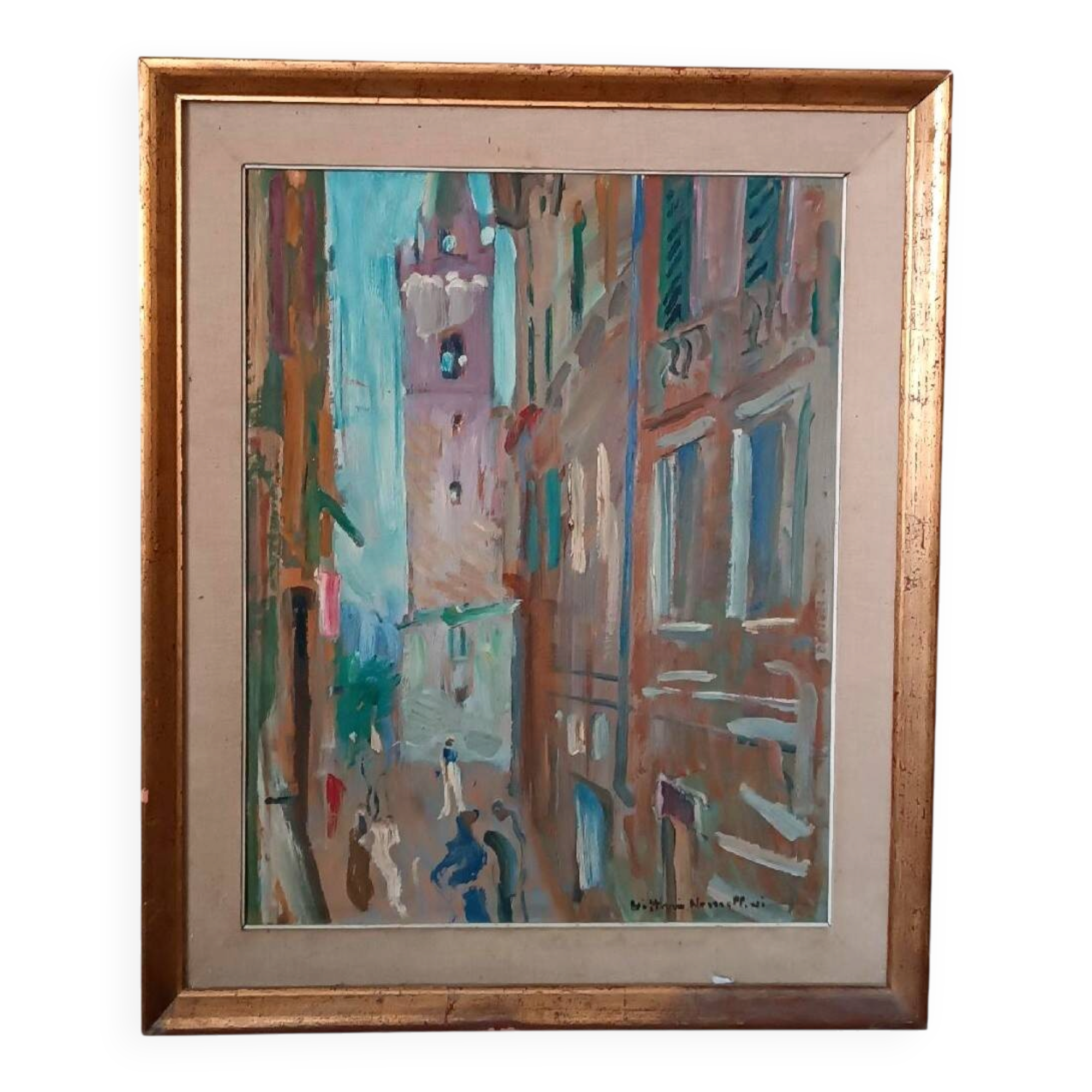 Oil painting on cardboard, Vittorio Nomellini (1901 Genoa - 1965 Florence), view of Lerici.