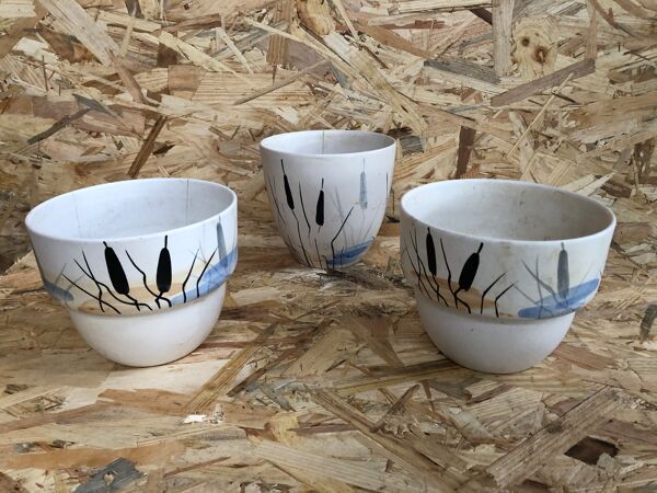 Lot 3 anciens caches pot Milet Sevres céramique décor roseaux vintage