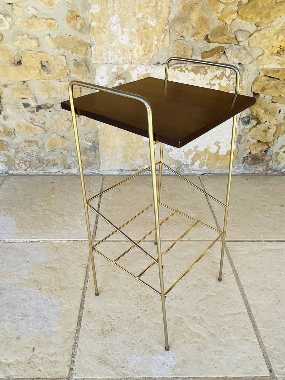 Vintage side table, 2 wooden and brass shelves, circa 1960s