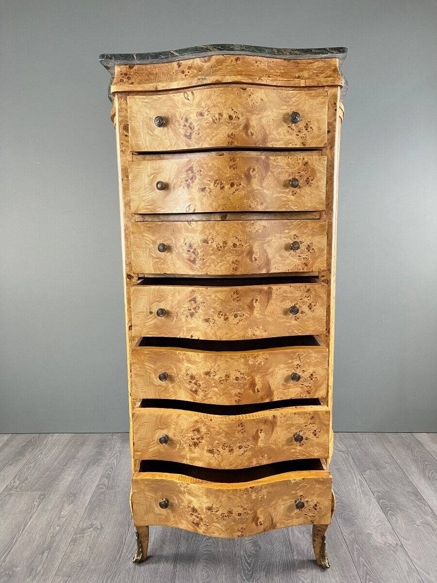 Commode Meuble De Rangement Louis XV En Loupe De Thuya Et Marbre, époque XI